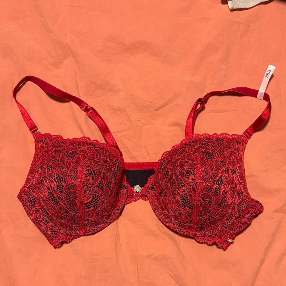 NWT La Vie En Rose Elegant Red Lace Bra size 38 B